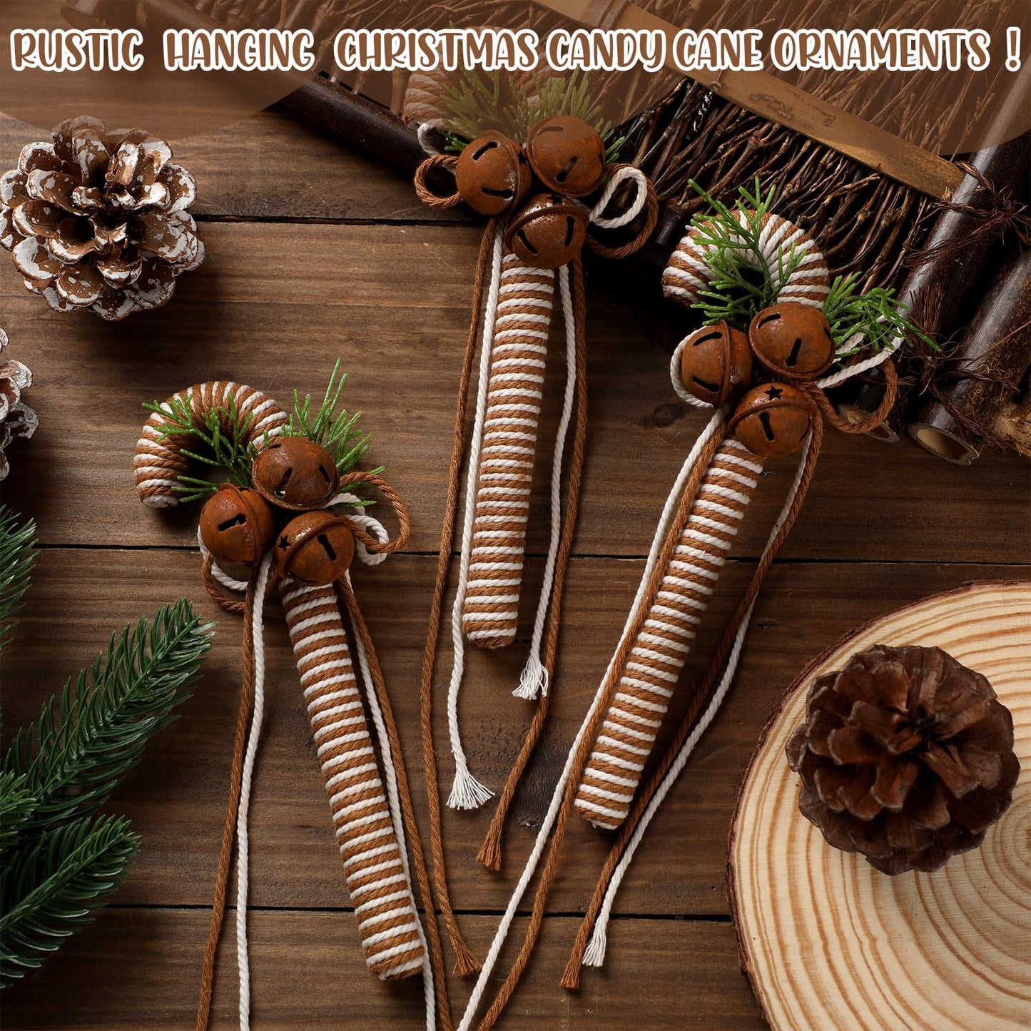 Simgoing 6 Pcs Beige Rustic Christmas Candy Cane Ornaments 7 Inch Burlap Wrapped Farmhouse Candy Cane Christmas Tree Hanging Decoration with Bells for Home Xmas Crafts Party Decoration
