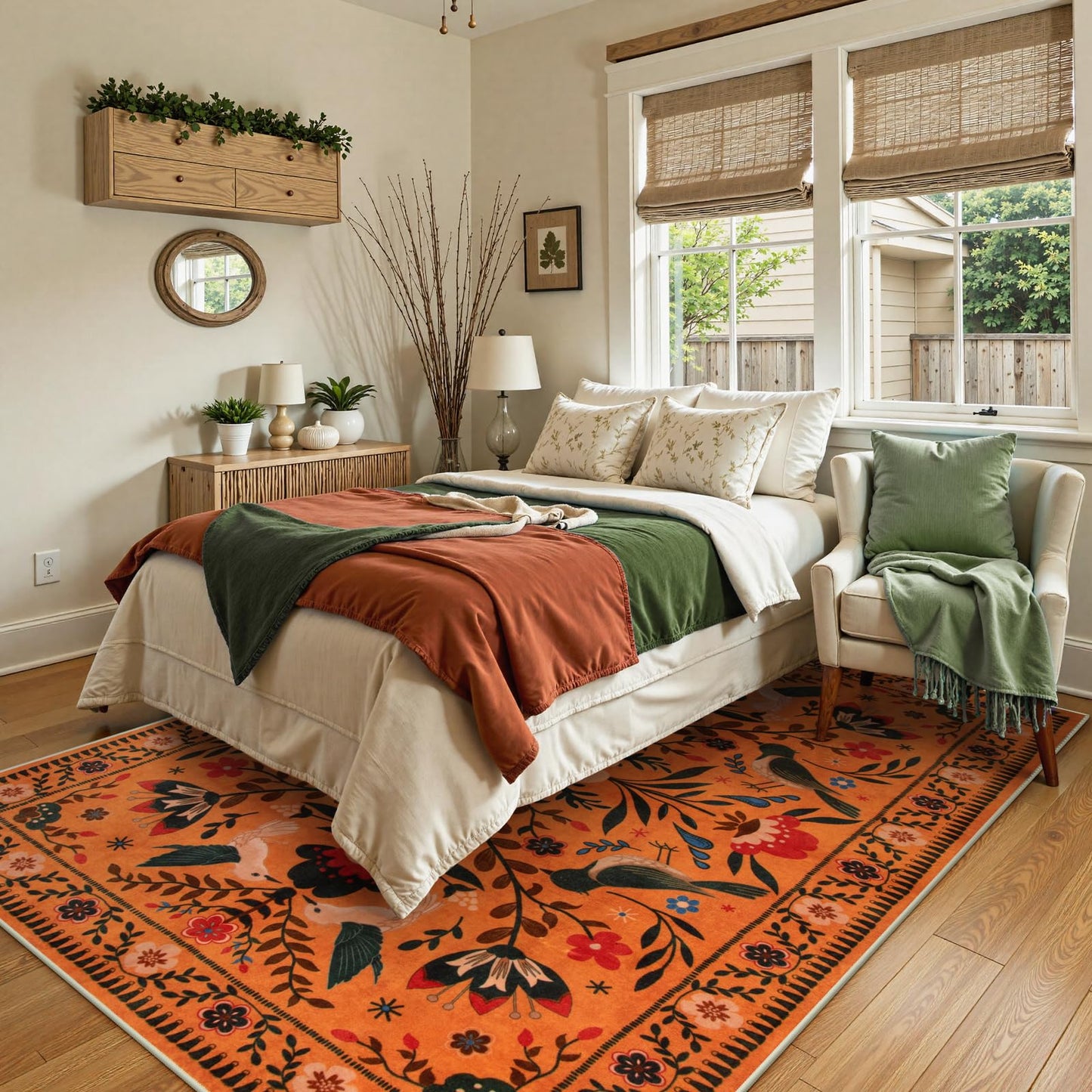 Moynesa Bedroom Rug 5x7, Washable Bohemian Scandinavian Orange Area Rugs for Living Room Dining Room Reading Coner, Modern Country Floral Bird Carpet, Fall Home Decor Non-Slip Protection