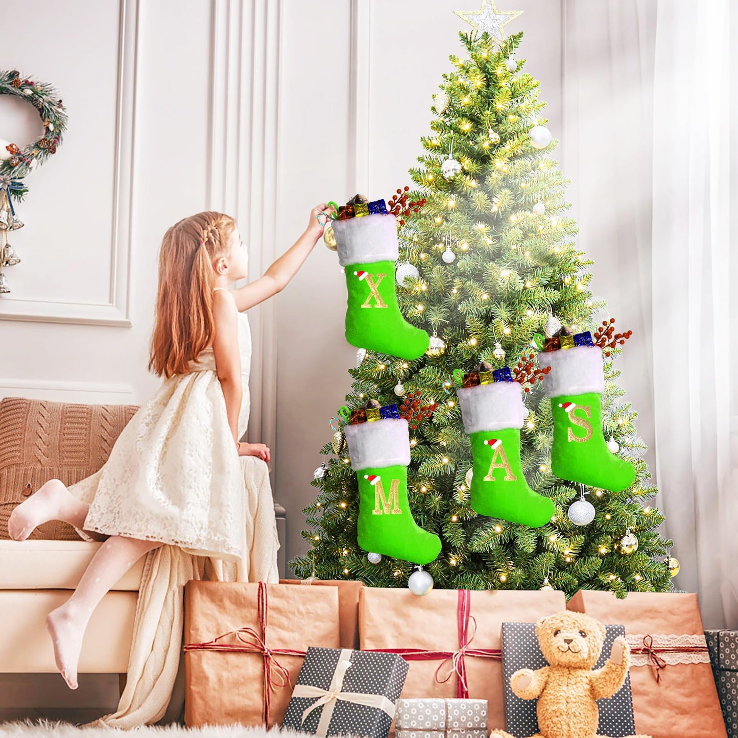 Sailup 20 Inches Monogram Christmas Stockings with Letters, Large Super Soft Christmas Stockings Green Velvet with White Super Soft Plush Cuff for Christmas Xmas Tree Holiday Fireplace Green