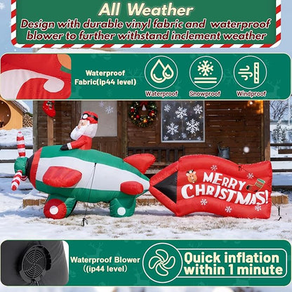 10.5FT Christmas Inflatables Santa on Airplane with Rotating Propeller & LED Lights, Blow Up Outdoor Indoor Decor for Christmas Yard Garden Party