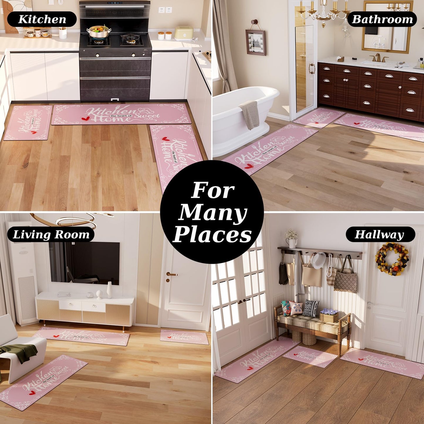 XLHOMO Pink Kitchen Mats for Floor 3 Pieces Set, Non Slip Cushioned Runners Waterproof Comfort Kitchen Rugs and Mats Farmhouse Chef Mat Carpet for Sink,Laundry Room