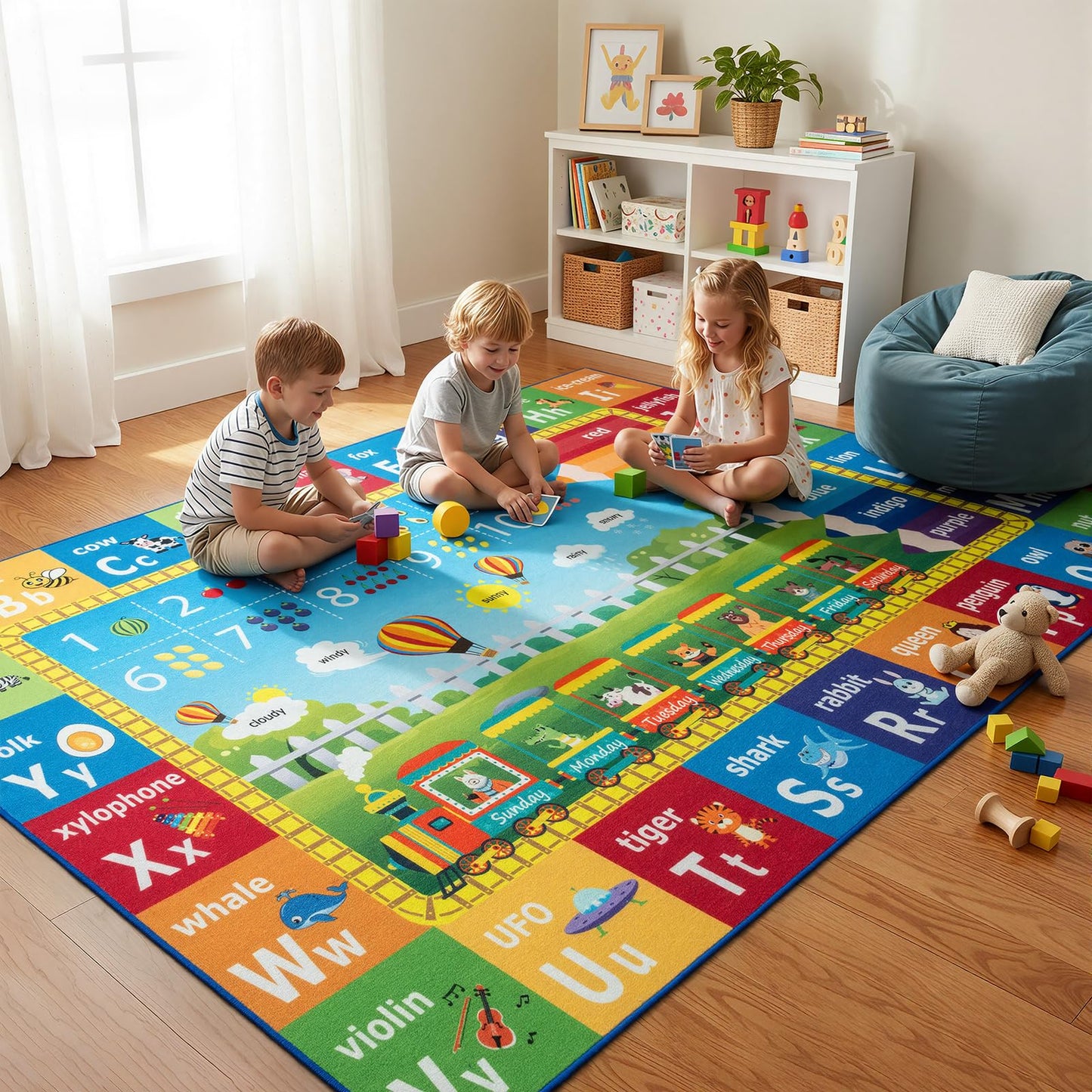 ST. BRIDGE Educational Kids Area Rug 6x9 Feet, Non Slip Play Mat Learning with ABC Alphabet, Numbers & Animals for Preschool Toddler, Soft Washable Carpet for Playroom Nursery Classroom Bedroom