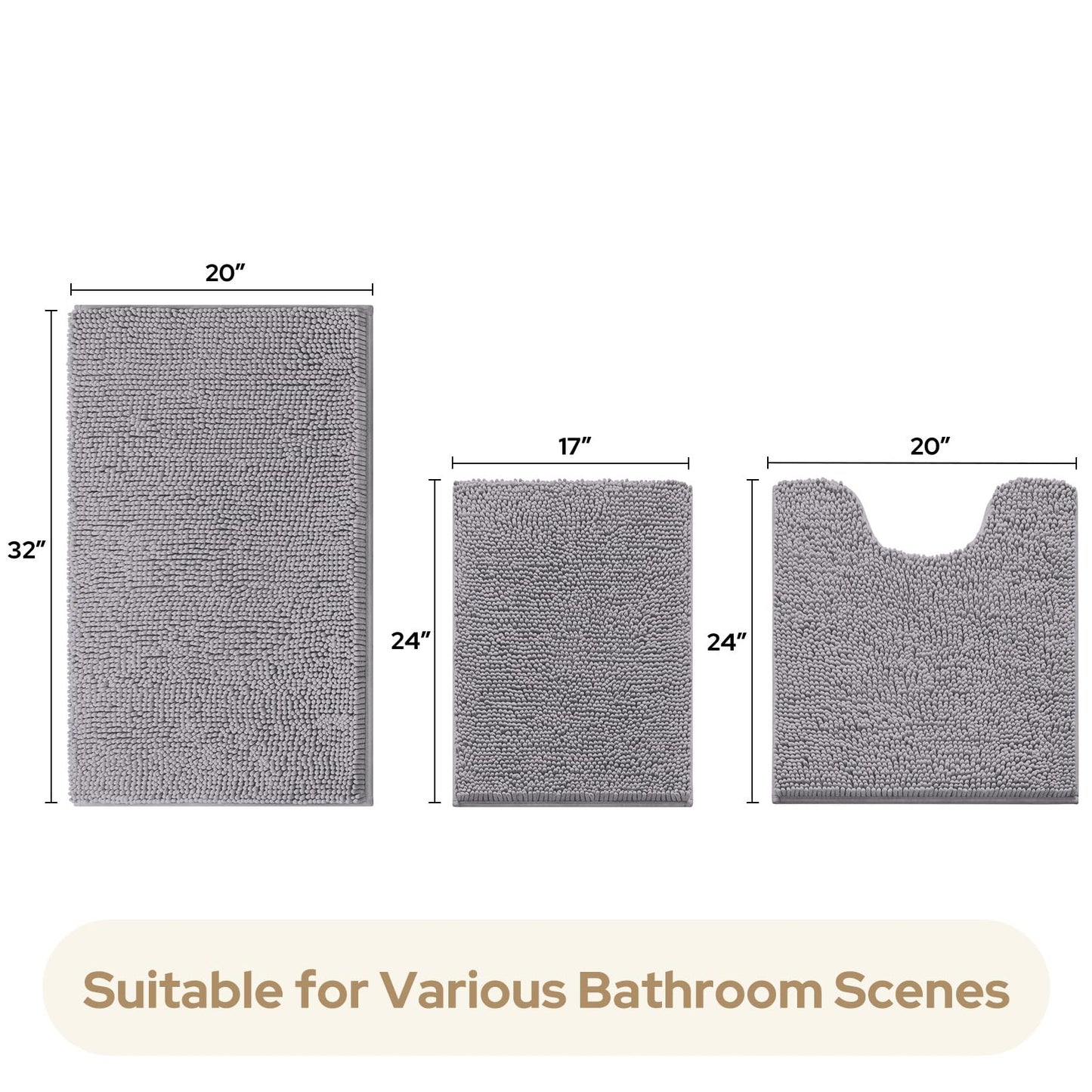 HOMEIDEAS 3 Pieces Bathroom Rugs, Soft Thick Absorbent Chenille Bath Mats, Washable Non-Slip Floor Rugs for Shower & Bath, Grey