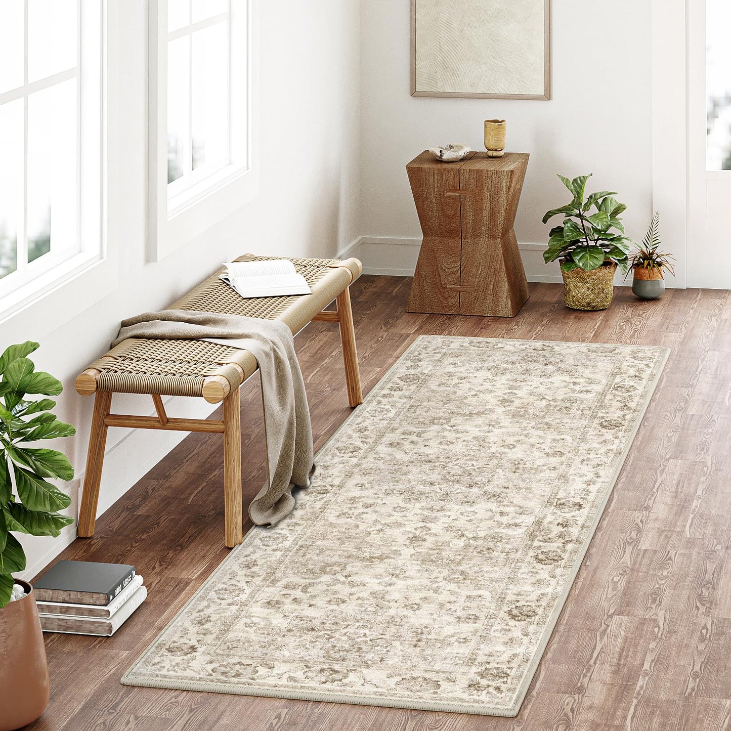 WondRg 2x6 Washable Neutral Runner Rug Beige Vintage Hallway Kitchen Carpet Non-Slip Soft Low Pile Farmhouse Throw Rug for Bedroom Bathroom Laundry Living Room