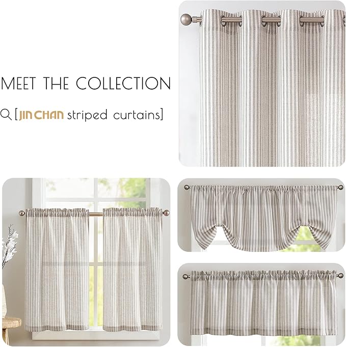 jinchan Tab Top Linen Kitchen Curtains 24 Inches Striped Tier Curtains Farmhouse Modern Cafe Style Small Window Treatments Airy Light Filtering Rod Pocket for Living Room Bathroom 2 Panels Taupe Grey
