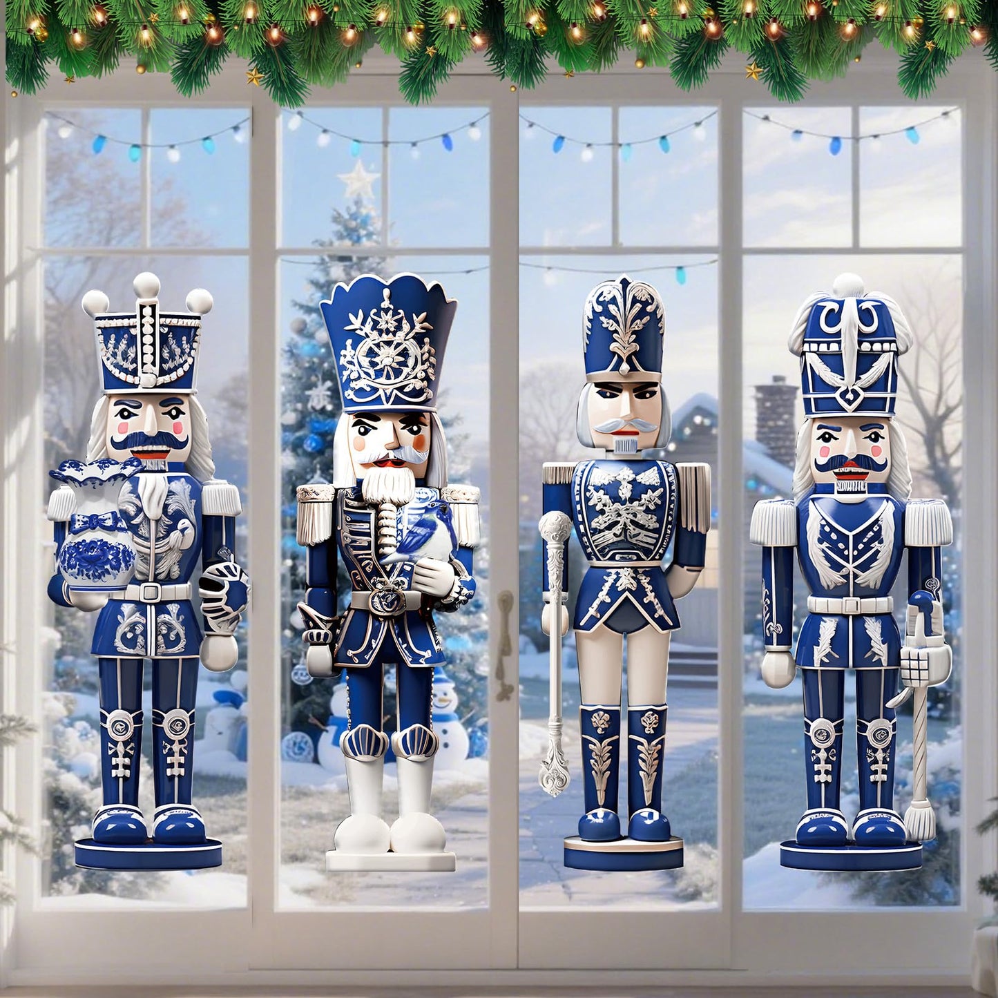 Fullhawl 4 Sheets Large Winter Window Clings Decorations Nutcracker Soldiers Winter Window Clings Nutcrackers Xmas Stickers for Holiday Party(Blue and White Porcelain)
