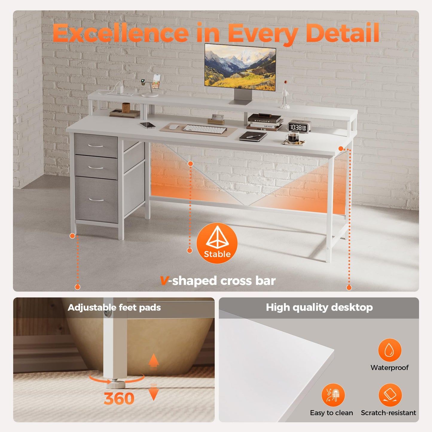 Mericonia Computer Desk 55 inch with Power Outlets & LED Lights, Gaming Desk with 3 Drawers for Home Office, Small Desk with Monitor Stand for Small Spaces, Study Writing Desk
