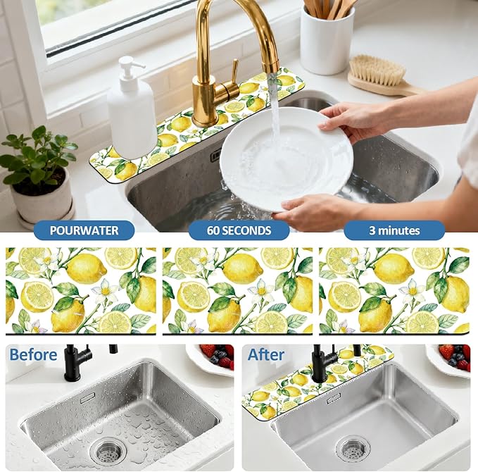 2 Pcs Kitchen Sink Splash Guard Faucet Mats Lemon Pattern Faucet Mat