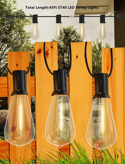 Abeja ST40 45Ft String Light with 30 LED Vintage Light Bulbs(2 Spare), E17 Scoket Base, ST40 LED Patio String Lights UL Listed for Patio Backyard Garden Bistro Porch String Lights, Black