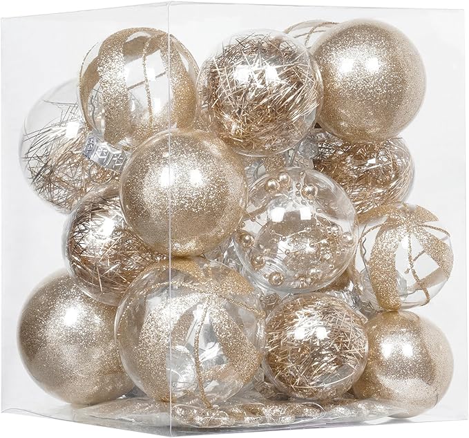 XmasExp 32ct Christmas Ball Ornaments Set -Champagne Clear Plastic Shatterproof Xmas Tree Ball Decorations Hanging Baubles for Holiday Decor