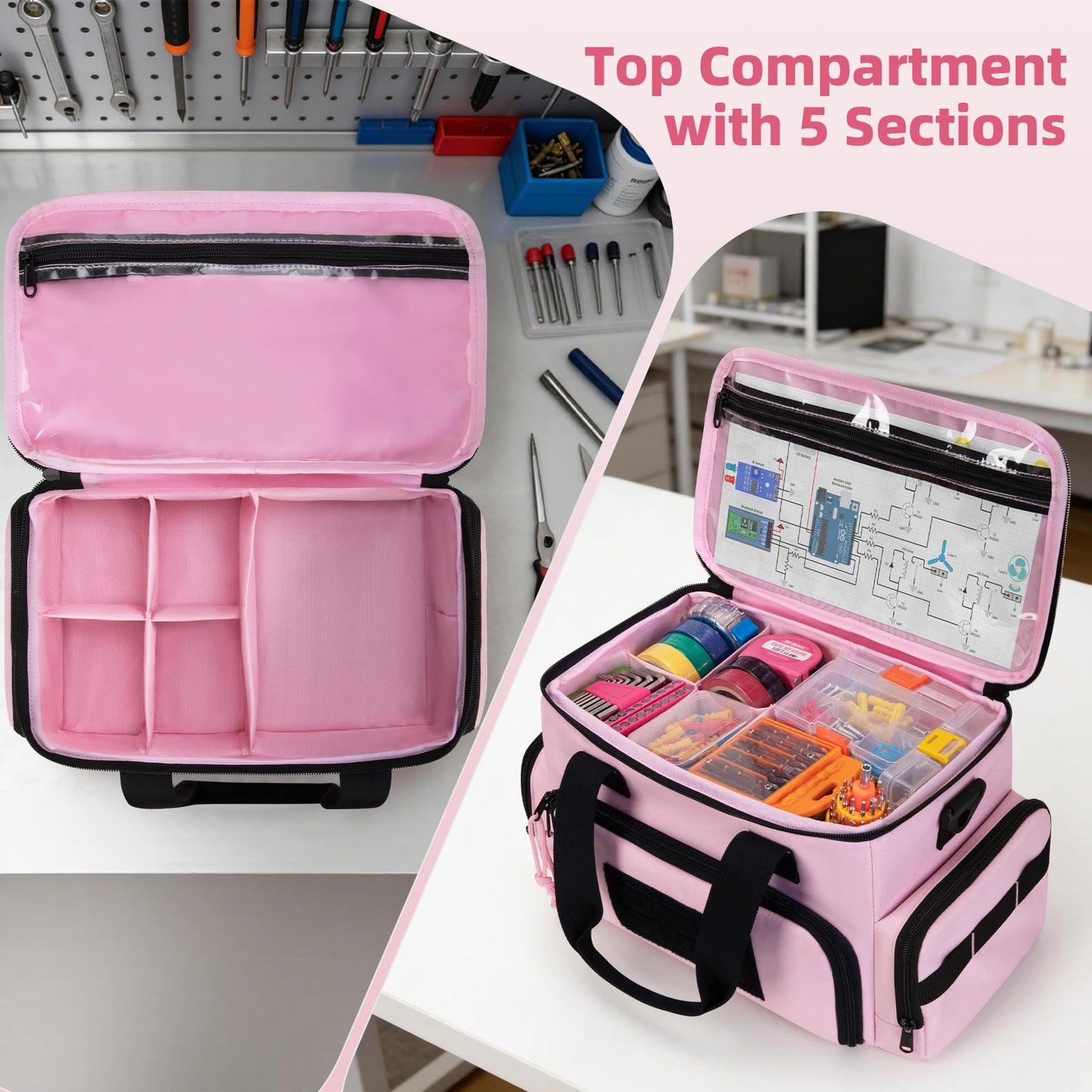 Trahzia Pink Tool Bag for Women with 2 Clear Pouches, 12-inch Tool Storage Organizer, Double Layer Tool Box for Electrician, Carpenters, Repairman, Pink
