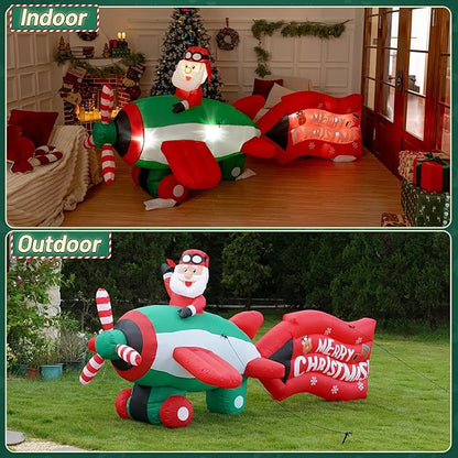 10.5FT Christmas Inflatables Santa on Airplane with Rotating Propeller & LED Lights, Blow Up Outdoor Indoor Decor for Christmas Yard Garden Party