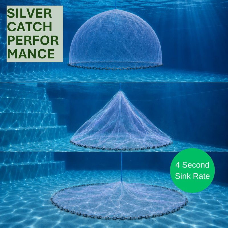 Silver Catch Cast Nets 5ft Radius|1/2 Inch Mesh for Fishing with Chain Bottom, Salt Water Casting Fishing Net Gear, Easy Throw Nets Fishing Bait in 4.5ft-10ft Radius|3/8",1/2",1" Mesh - Elite Series