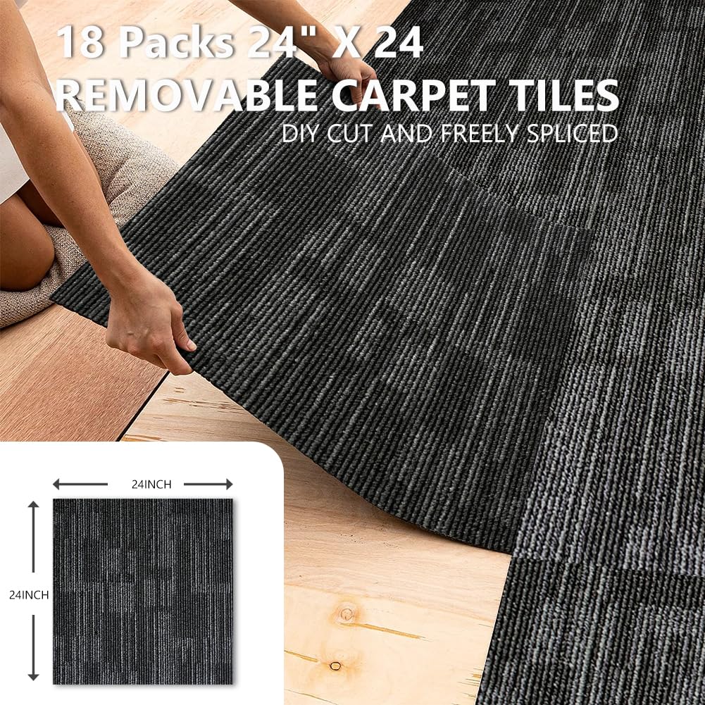 NINXANG Commercial Carpet Tiles Reusable 24" x 24" Squares 18 Tiles Non Slip Soft Floor Carpet for Office Living Room Bedroom Hotel Gym Easy DIY Installation with Flexlok Tabs (Grey)