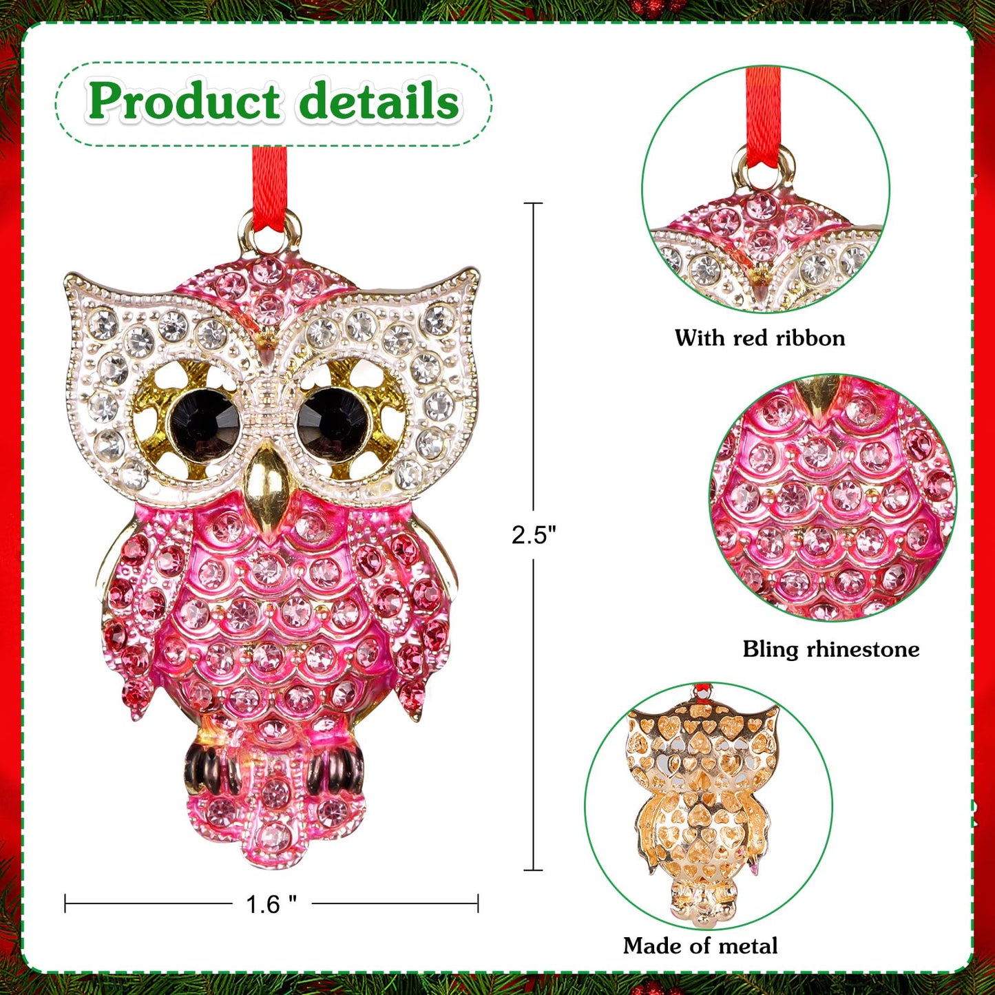 WaaHome Metal Owl Christmas Ornaments 2026 - Pink Owl Keepsake Ornaments for Christmas Tree Decorations Gifts for Women Girls Mom Owls Lovers