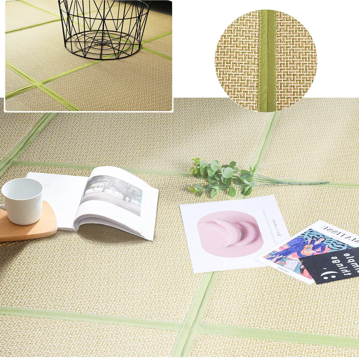 Nisorpa 71'' x 71'' Japanese Tatami Mat Igusa Tatami Mattress 0.47'' Thick Japanese Floor Mattress Rattan Non-Slip Breathable Memory Foam Area Rug Bedroom Mat, Green