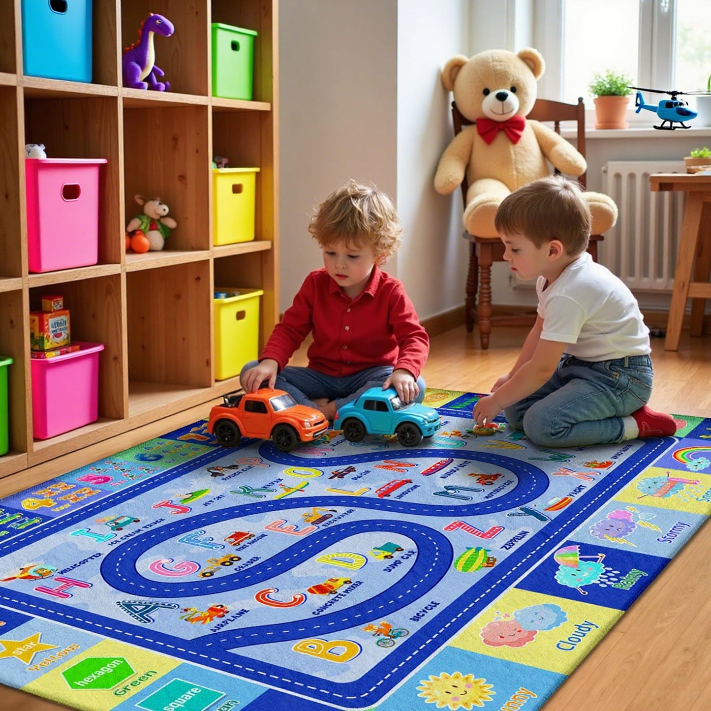 Kids Rug for Playroom, Educational Classroom Rug for Kids Room, Washable Nursery Rugs, Soft Non-Slip Play Mat for Learning ABC Carpet, Vehicles, Numbers, Animals, Colors, Shape, Season 4x6 Feet