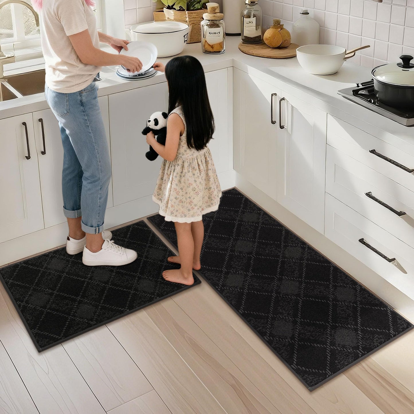 COSY HOMEER Kitchen Rugs and Mats Sets 2PCS Non-Slip Soft Kitchen Mats for Floor Absorbent and Stain Resistant Kitchen Floor Mat Washable Plaid Rugs for Kitchen,20"x32"+20"x48",Black