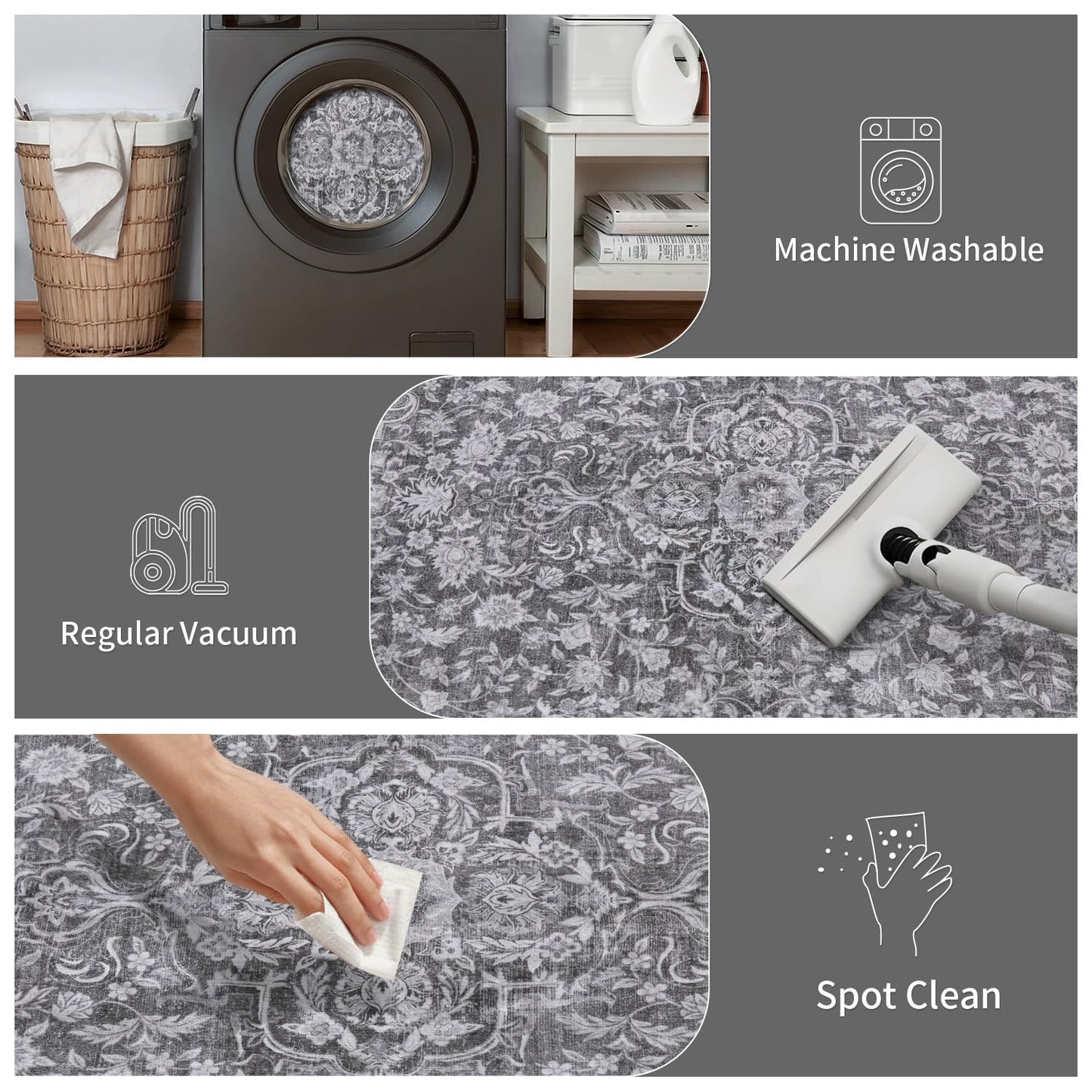 Ciicool 3x5 Washable Grey Rug Boho Floral Non-Slip Bedroom Rugs for Entryway Throw Rug Soft Low-Pile Indoor Floor Carpet for Living Room Laundry Foyer Decor