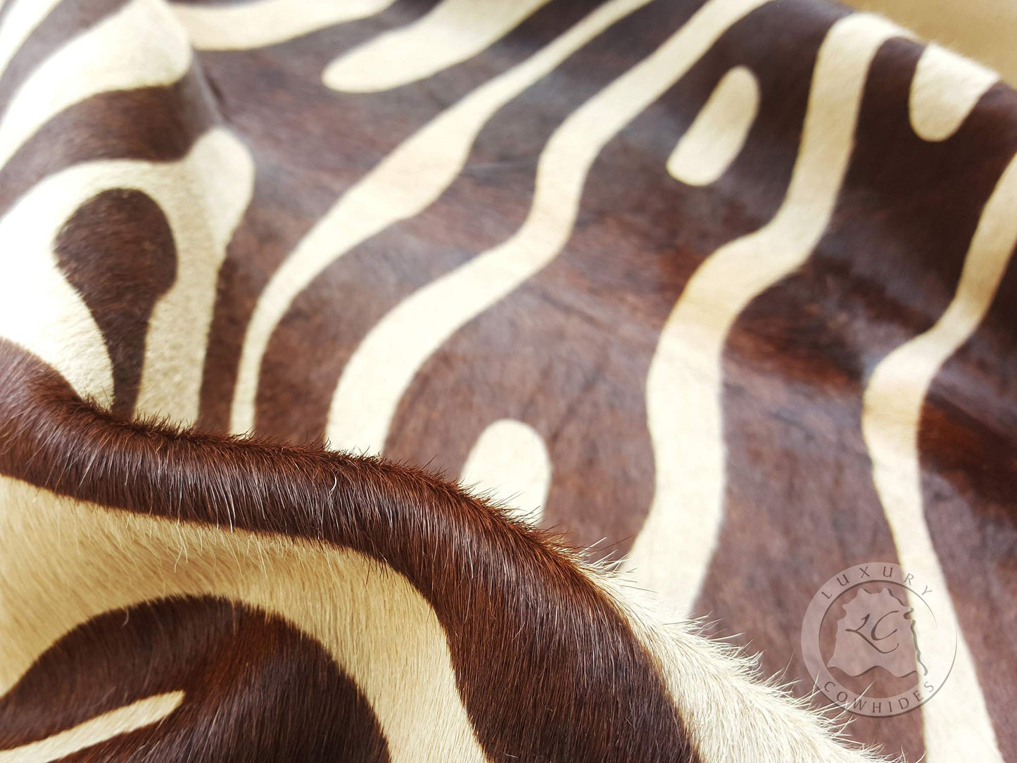 Sunshine Cowhides 100% Genuine Zebra Print Brown on Beige Cowhide Rug - Modern Style Animal Skin Rug & Floor Carpet for Living Room, Bedroom, Kitchen & More - Large (6x6-7ft)