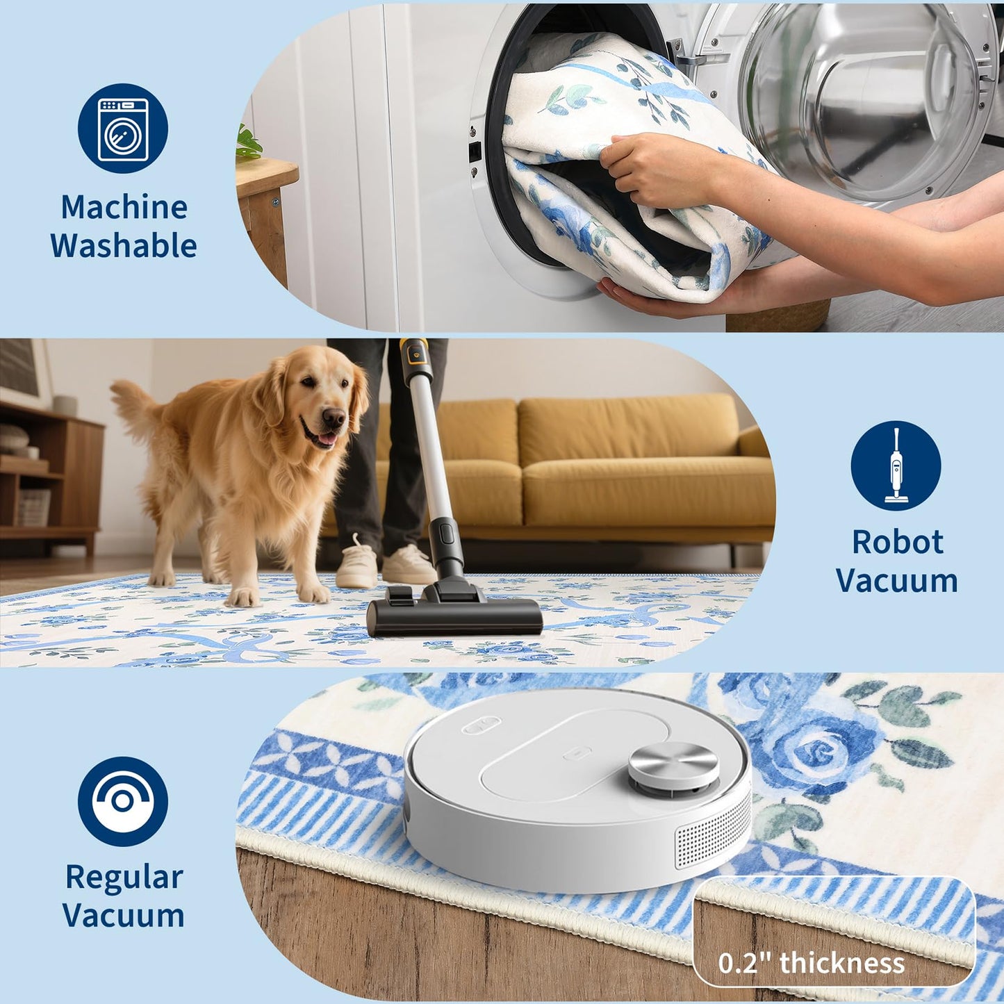 GarveeHome Runners for Hallways Non Slip, 2x6 Kitchen Runner Rug Blue and White Rugs for Bedroom Girls, Low Pile Soft Washable Runner Floral Bow Rug for Nursery Entryway Dorm
