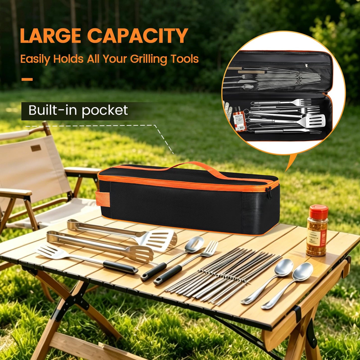 TWAKAP Grill Utensil Storage Bag, Large Capacity Grill Tool Storage Bag, Griddle Accessories Compatible with Blackstone, Perfect for Outdoor Grilling Accessory Storage (20", Black, Flip-Top)