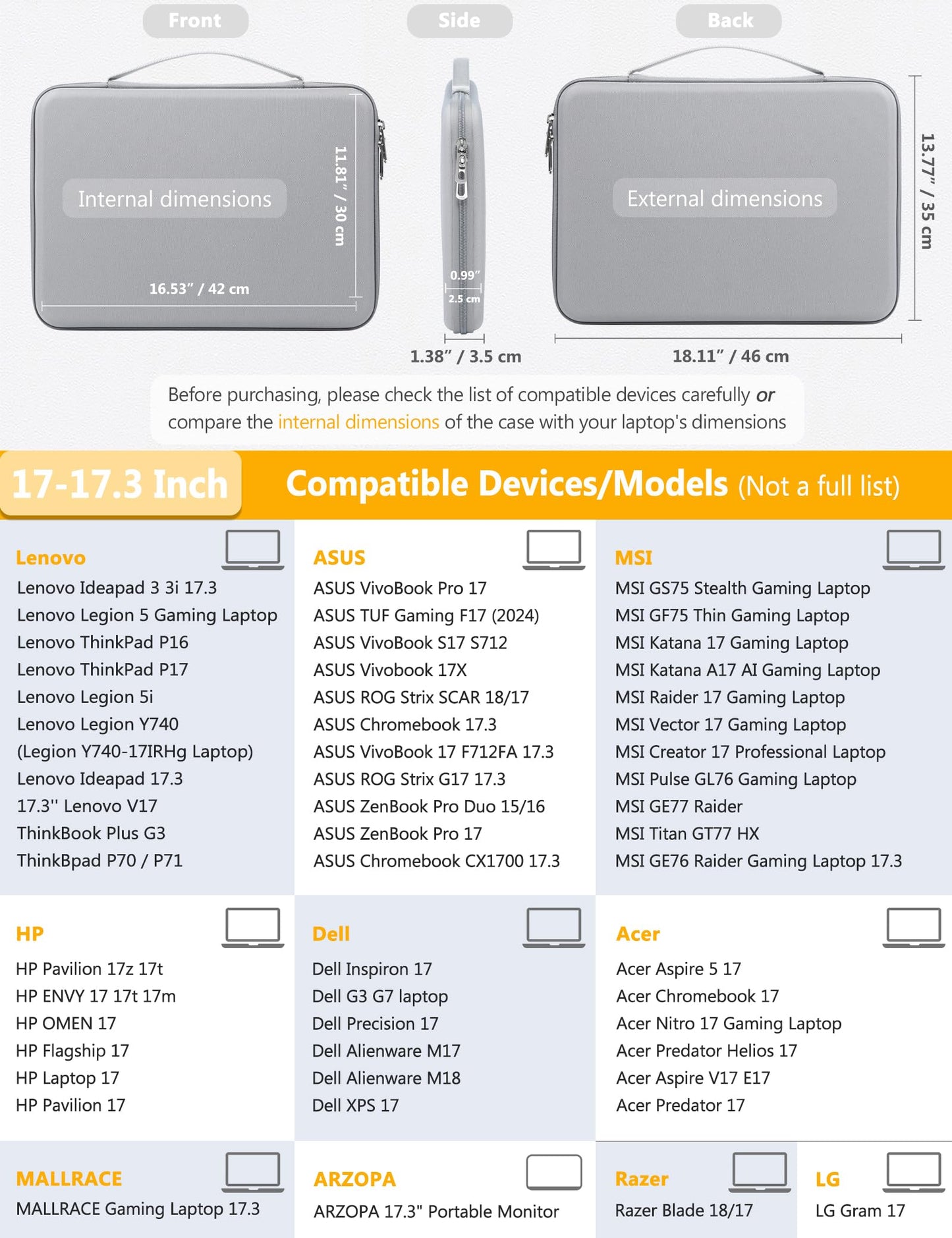 HYZUO 17-17.3 Inch Hard Shell Laptop Sleeve Case for 17" 17.3" HP/Dell/ASUS/Acer/Lenovo/LG/Toshiba/MSI Gaming Laptop/Razer Blade 17/18, Notebook Protective Cover for Men Women, Rock Gray