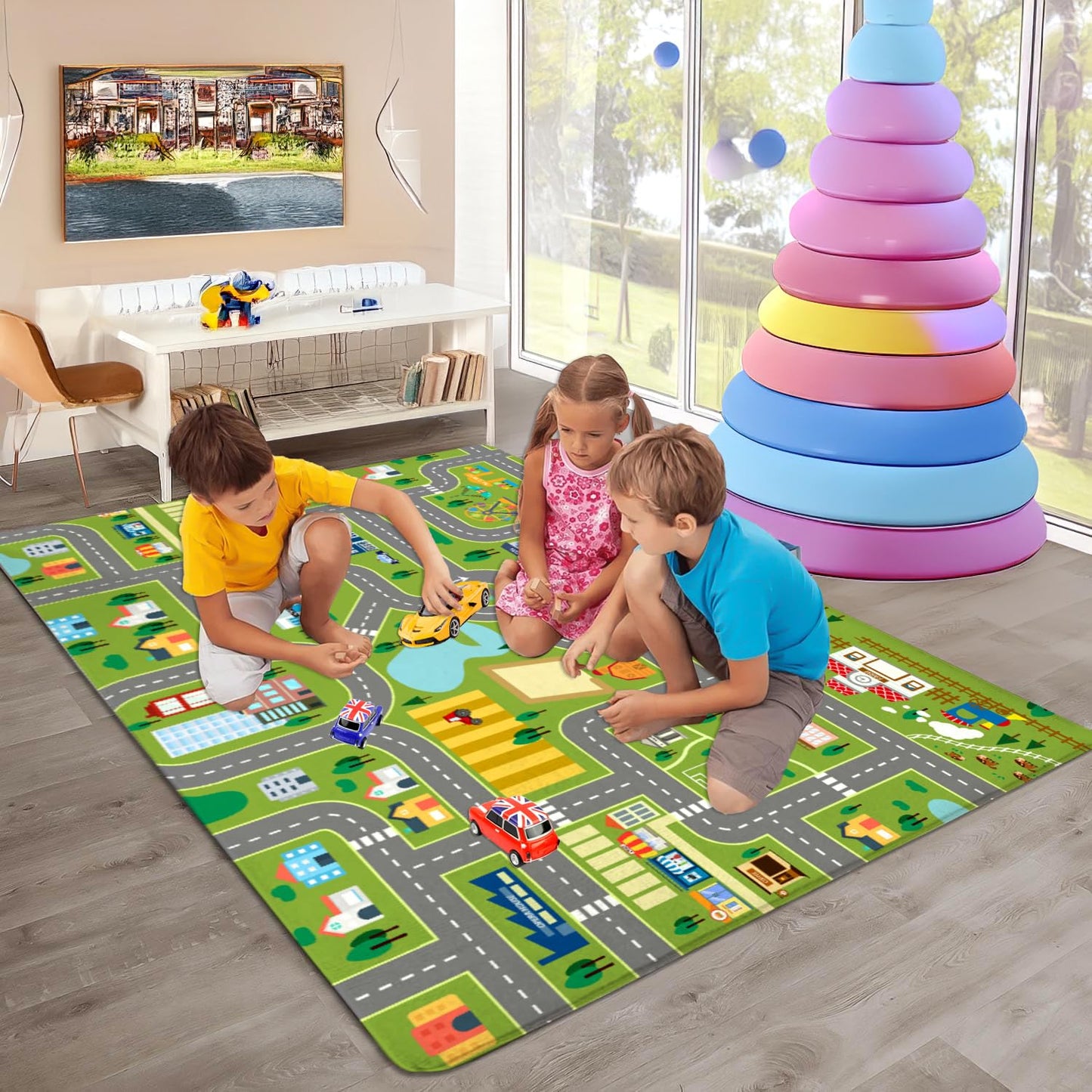 AUSTAB Kids Room Rug City Life Great for Playroom Classroom Bedroom - Non-Slip City Pretend Room Mat (Large- 5 x 7 FT)