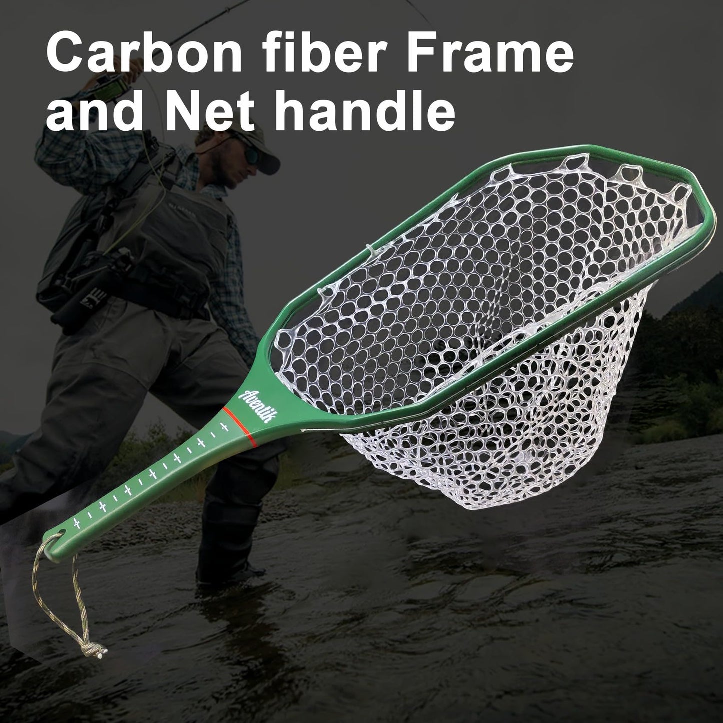Aventik Floating Fly Fishing Net – Carbon Fiber Lightweight Landing Net with Clear Rubber Ghost Mesh for Trout – Catch and Release Friendly (Green with Standard Handle)