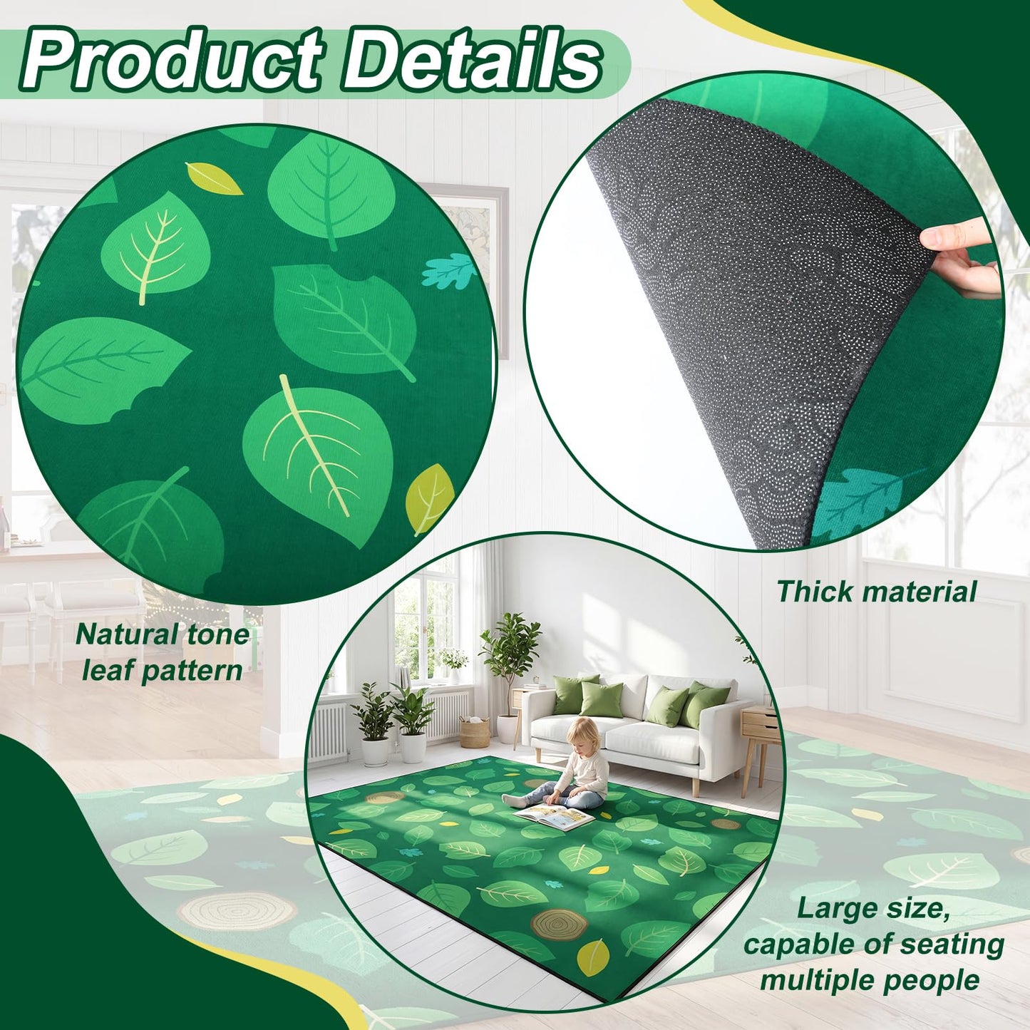 BreezeHug Green Leaf Rug 8 x 6 ft Large Classroom Carpet Green Leaves Carpet Boho Educational Area Rug for Room Nursery Seating Decor for Teaching and Playroom