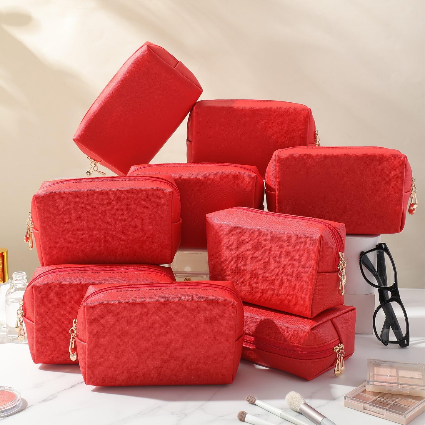 Sanwuta 9 Pcs Makeup Bags Bulk PU Double Zippers Cosmetic Bag Makeup Toiletry Small Pouch Portable Travel Organizers Case for Women Bridesmaid Proposal Gifts(Red)