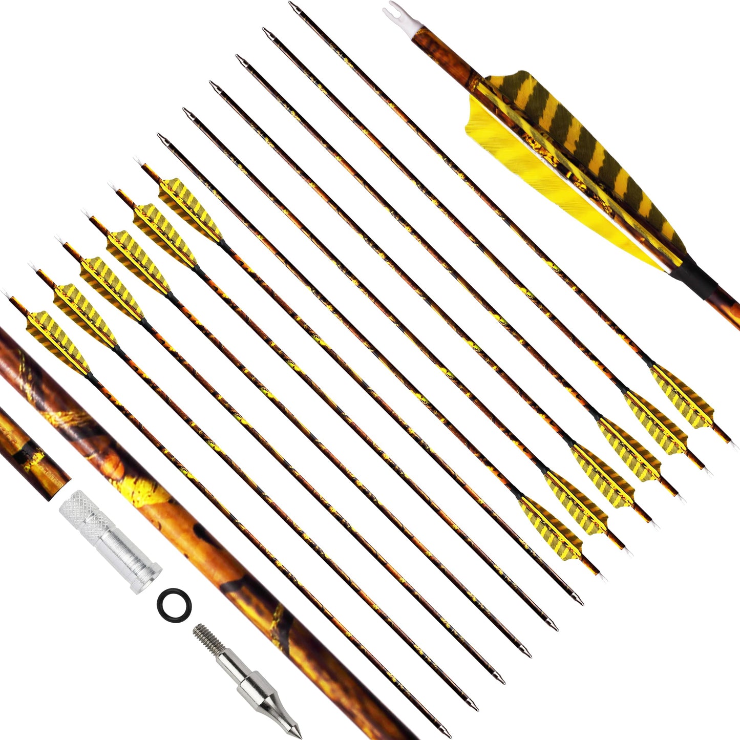 CENWTY 30 Inch Archery Carbon Arrows 500 Spine Camo Hunting Arrows with 4" Turkey Feather and Removable Tips Target Arrows for Compound Bow Recurve Bow Traditional Bow (12, Yellow)
