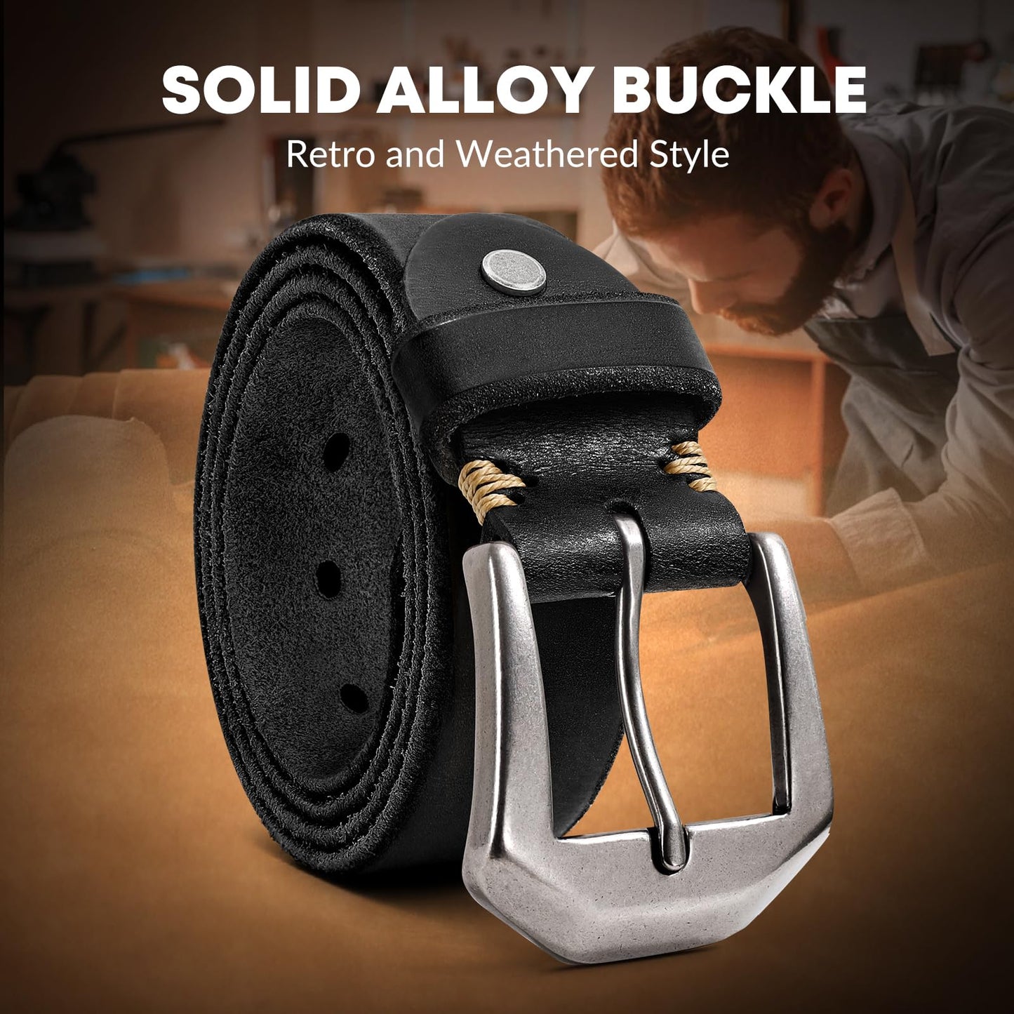 OZNDAS Genuine Black Leather Belt for Men Women Handmade Heavy-Duty Work Belt Leather Men's Belts | Jeans/Casual/Christmas Gifts