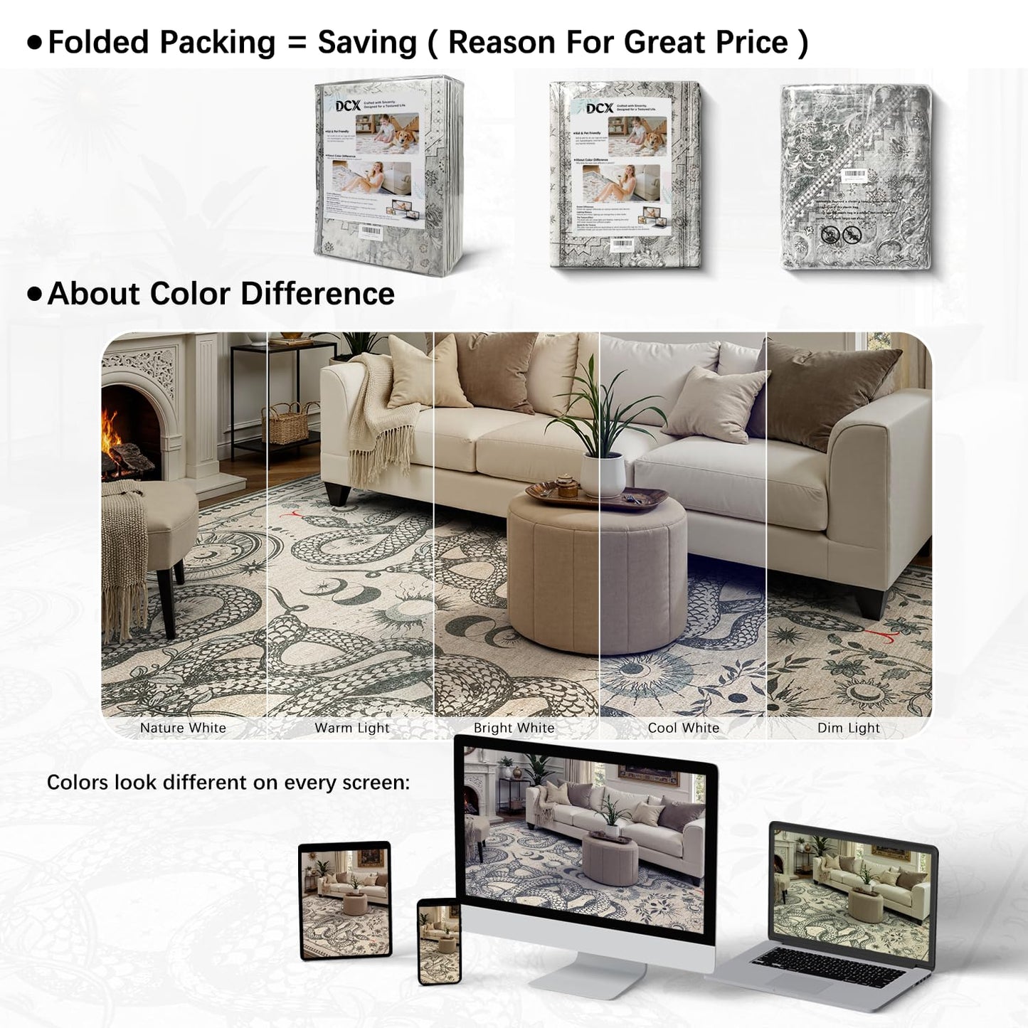 DCX Washable 2x6 Snake Runner Rug, Beige Gothic Rug for Living Room, Soft Low Pile Carpet, Kid & Pet Friendly with Rubber Back Non Slip, Stain Resistant Rug for Bedroom Dining Room Office