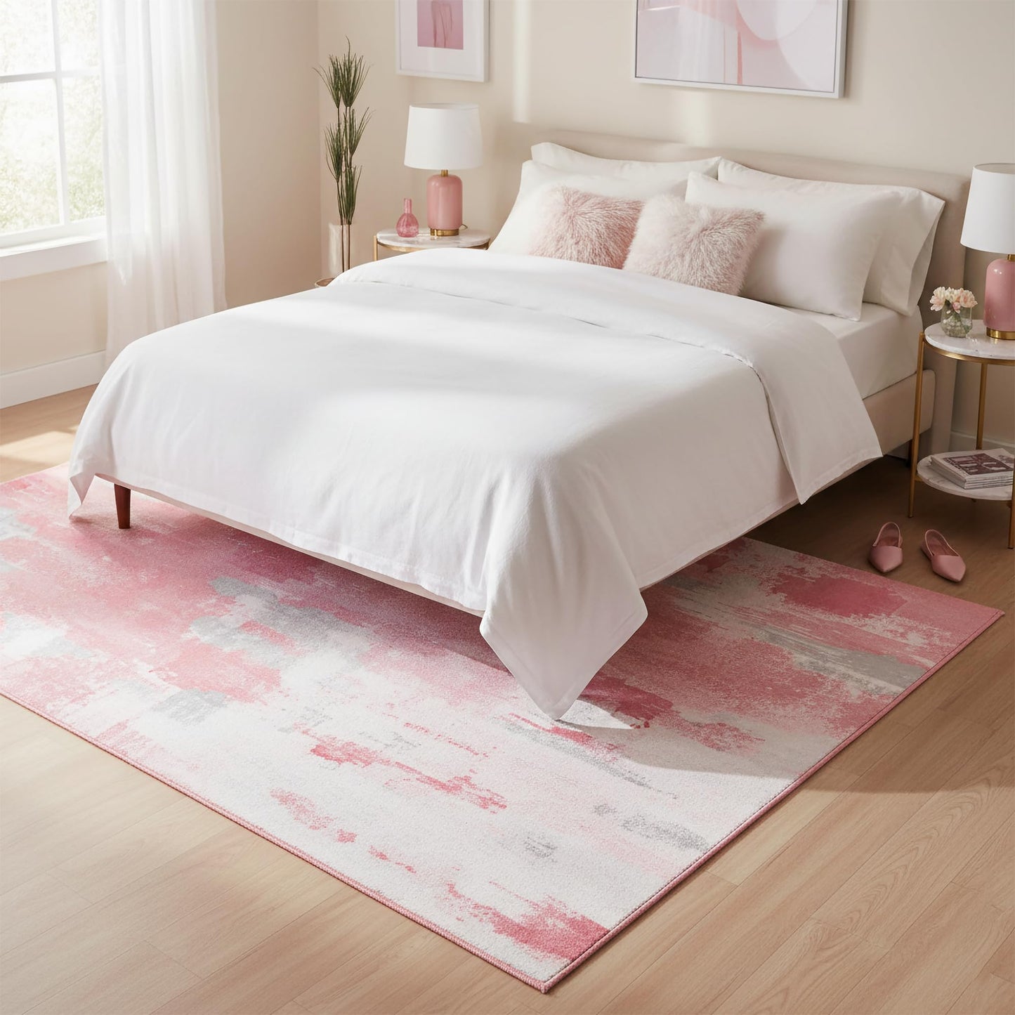 Kelarea Pink Nursery Rug for Baby Girl, 5x7 Modern Abstract Washable Rugs for Kid's Bedroom, Low Pile Non Slip Large Carpet for Dorm, Living Room, Kids Playroom