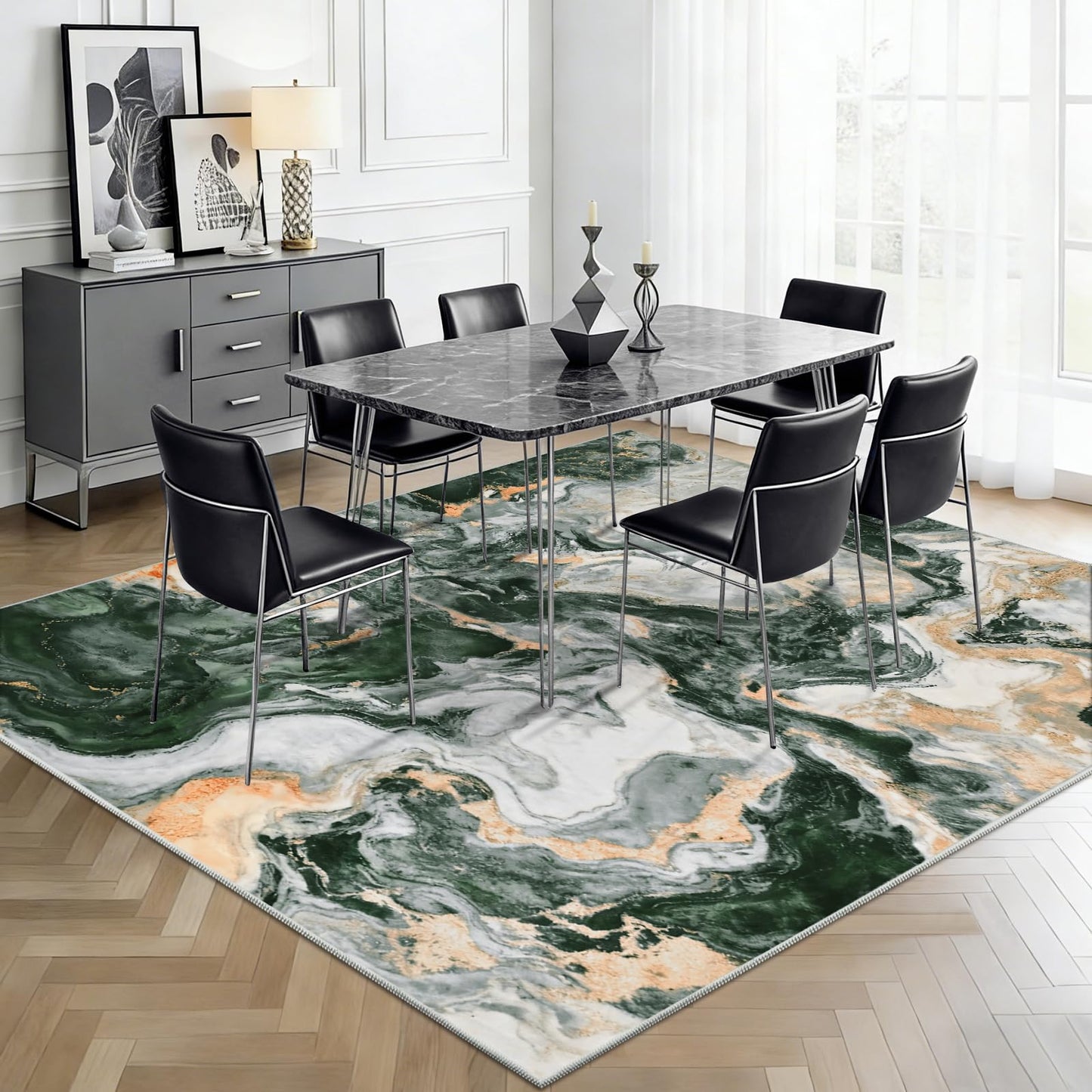 Yinhua Marble Rug 5x7, Abstract Area Rugs Non Slip, Green and Gold Modern Rugs Low Pile, Soft Faux Wool Washable Rug Stain Resistant, Contemporary Carpet for Bedroom Dining Room Office