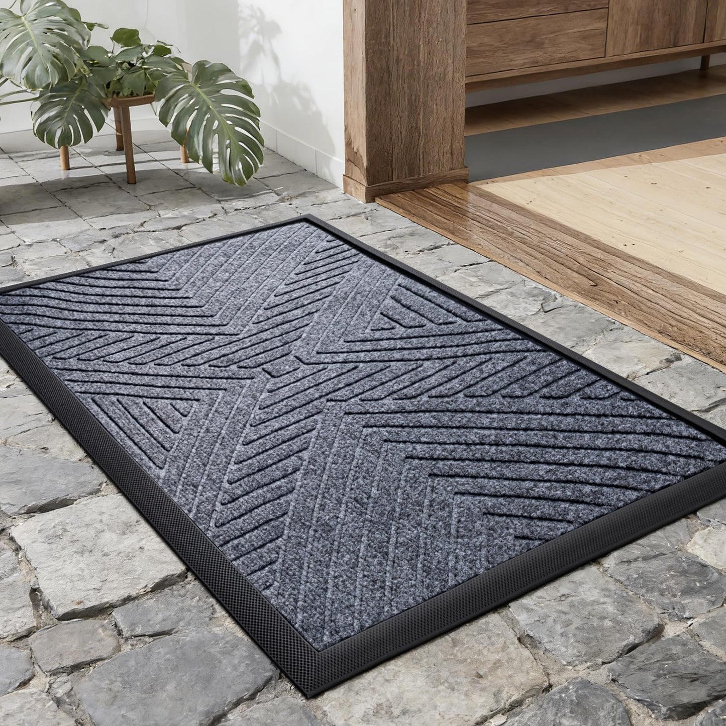 UKISS All-Season Front Door Mat Outside Entrance, Absorbent, Heavy-Duty Low-Profile Non-Slip Doormat Indoor Outdoor, Stain and Fade Resistant Washable Rubber Mat for Entryway,30''x17.5'', Grey