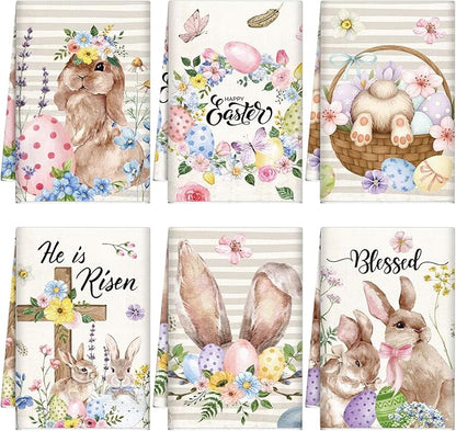 Breling Set of 6 Easter Decorations Happy Easter Kitchen Towels Rabbit Dish