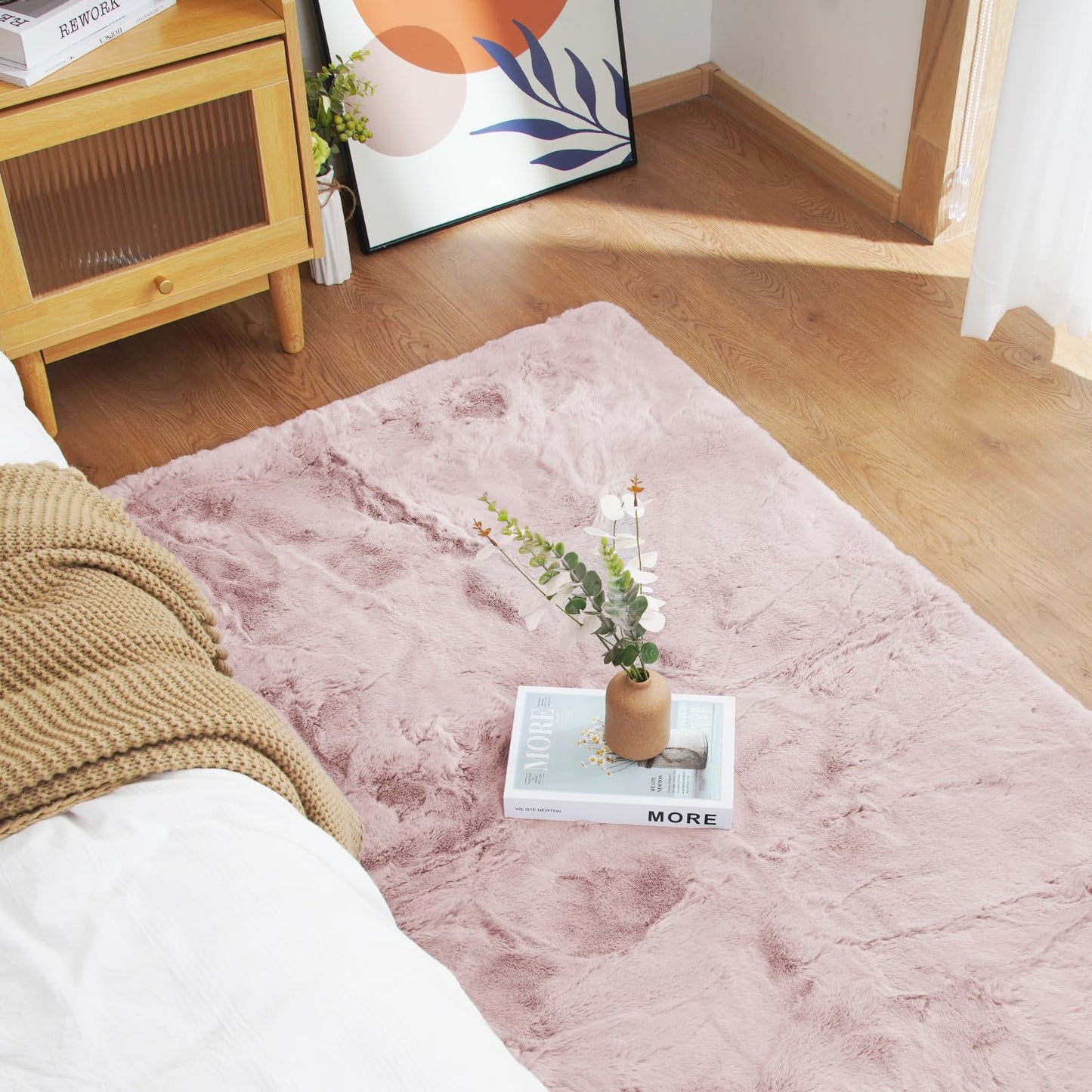 Latepis Fluffy Pink Carpet 3x5 Fuzzy Shag Rug Machine Washable Area Rugs for Living Room Non-Slip Faux Rabbit Fur Rug for Bedroom Kids Room Floor Dorm