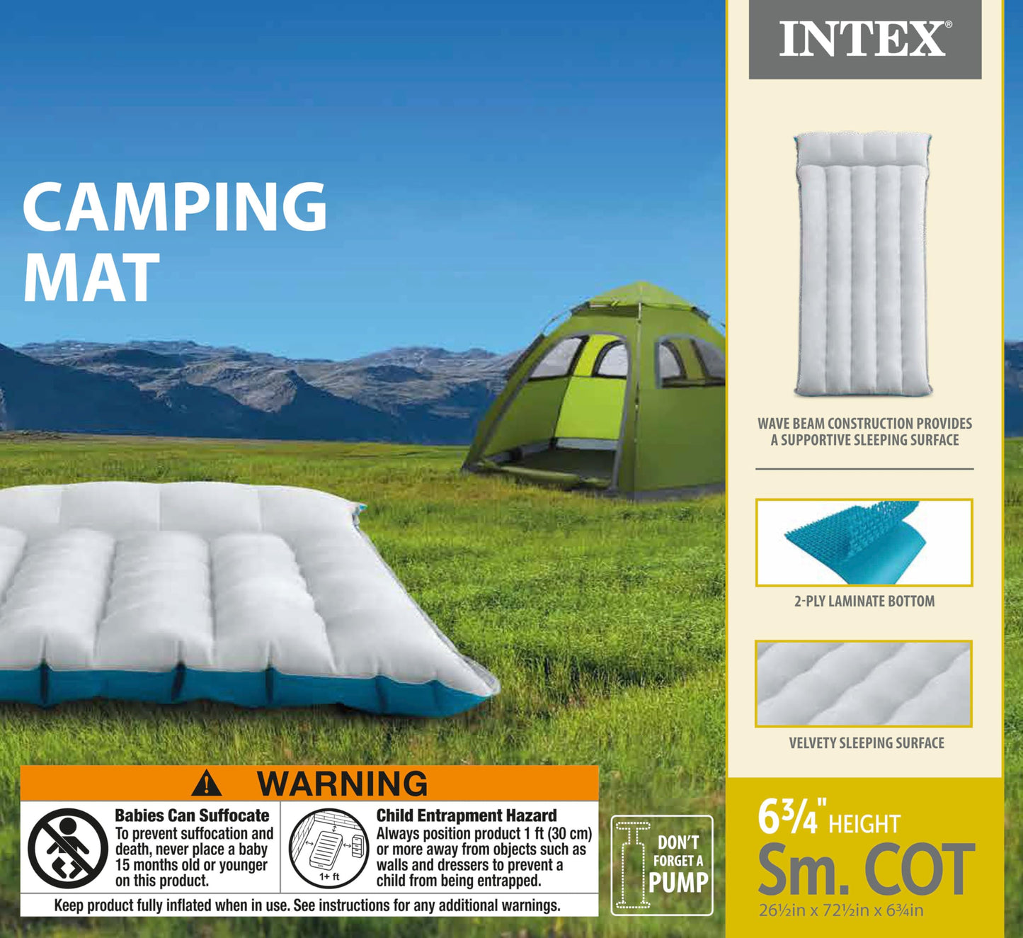 Intex 67997E Camping Sleeping Air Mattress 26.5" x 72.5": Durable Outdoor Use – 2-PLY Laminate – Velvety Surface – Unique Construction – 300lb Weight Capacity