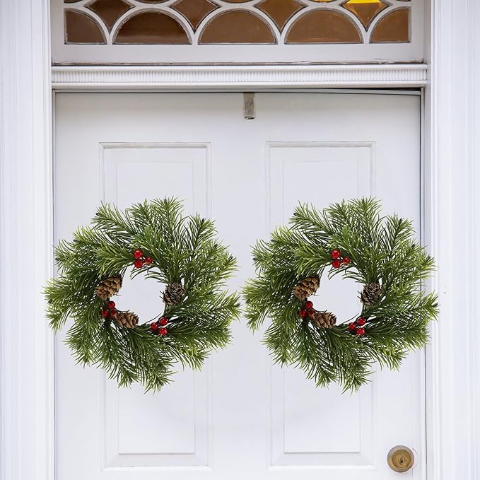 4 Pcs 9'' Christmas Candle Rings Wreaths, Artificial Small Wreath with Red Berry Pinecone for Table top Centerpiece Candle Holder