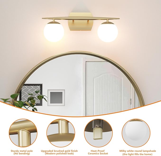 Gold Vanity Lights for Bathroom, 2-Light 20 Inch Bathroom Lighting Fixtures over Mirror with Milky White Frosted Glass Shades, Wall Sconces for Bathroom, Bedroom, Living Room(G9 Bulb not Included)