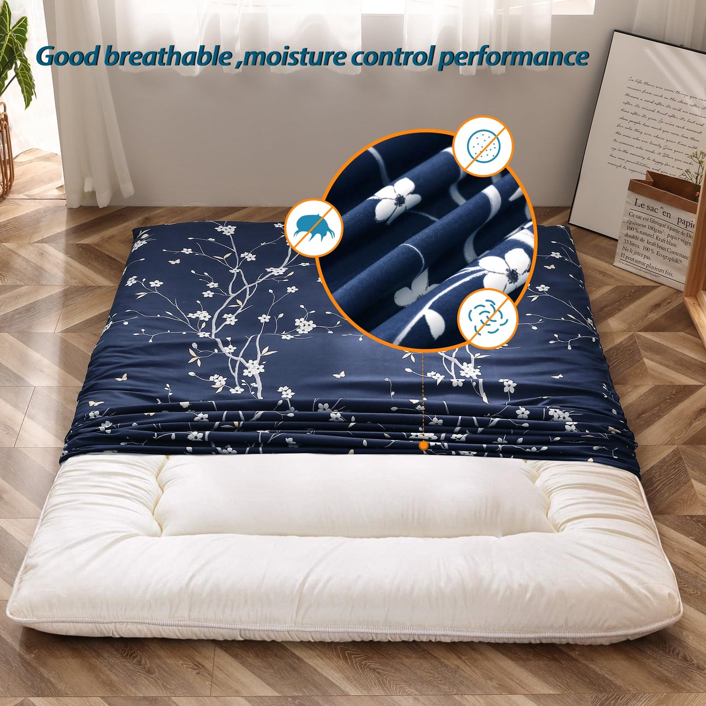 MAXYOYO Mattress Cover for Traditional Japanese Futon Mattress, Futon Floor Mats Cover with Zipper, Super Soft and Machine Washable, Navy Floral, Full