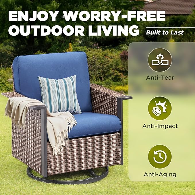 Outdoor Patio Furniture Set-8 Pieces All-Weather Wicker 3 Seater Sofa with Swivel Rocker Patio Chairs Set of 4, Wicker Outdoor Conversation Sets for Porch Deck Backyard Brown/Beige