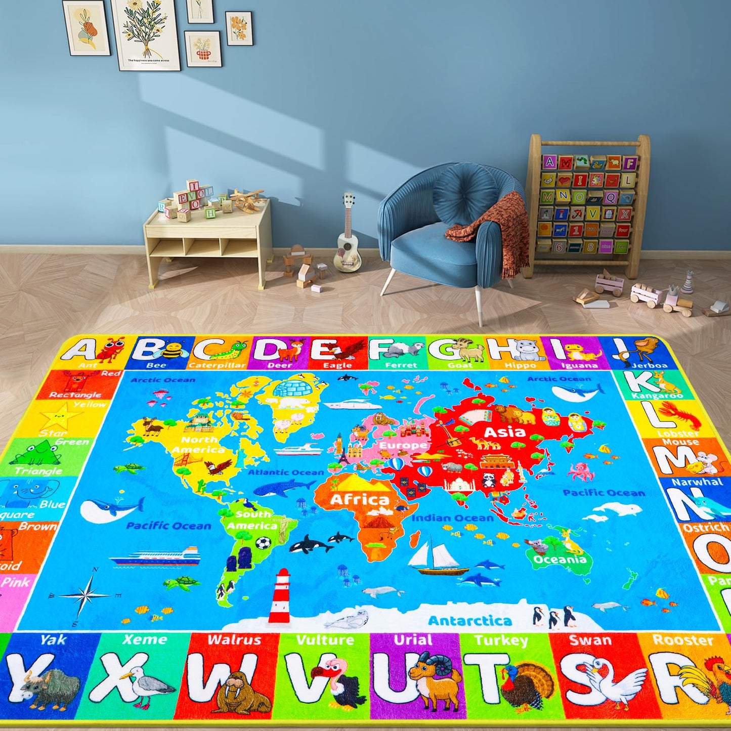 World Map ABC Kid Rug for Playroom Geography 59"×39.4" Classroom Play Carpet Educational Baby Playmat Alphabet Mat for Primary School Fluffy Ployester Non-Slip Preschool Rug for Nursery Room