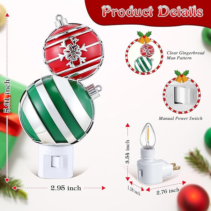 Christmas Red and Green Ball Night Light Plug-in, Glitter Ball Decor 120V C7 LED Nightlight for Bedroom, Bathroom, Kitchen, Hallway, Stairs