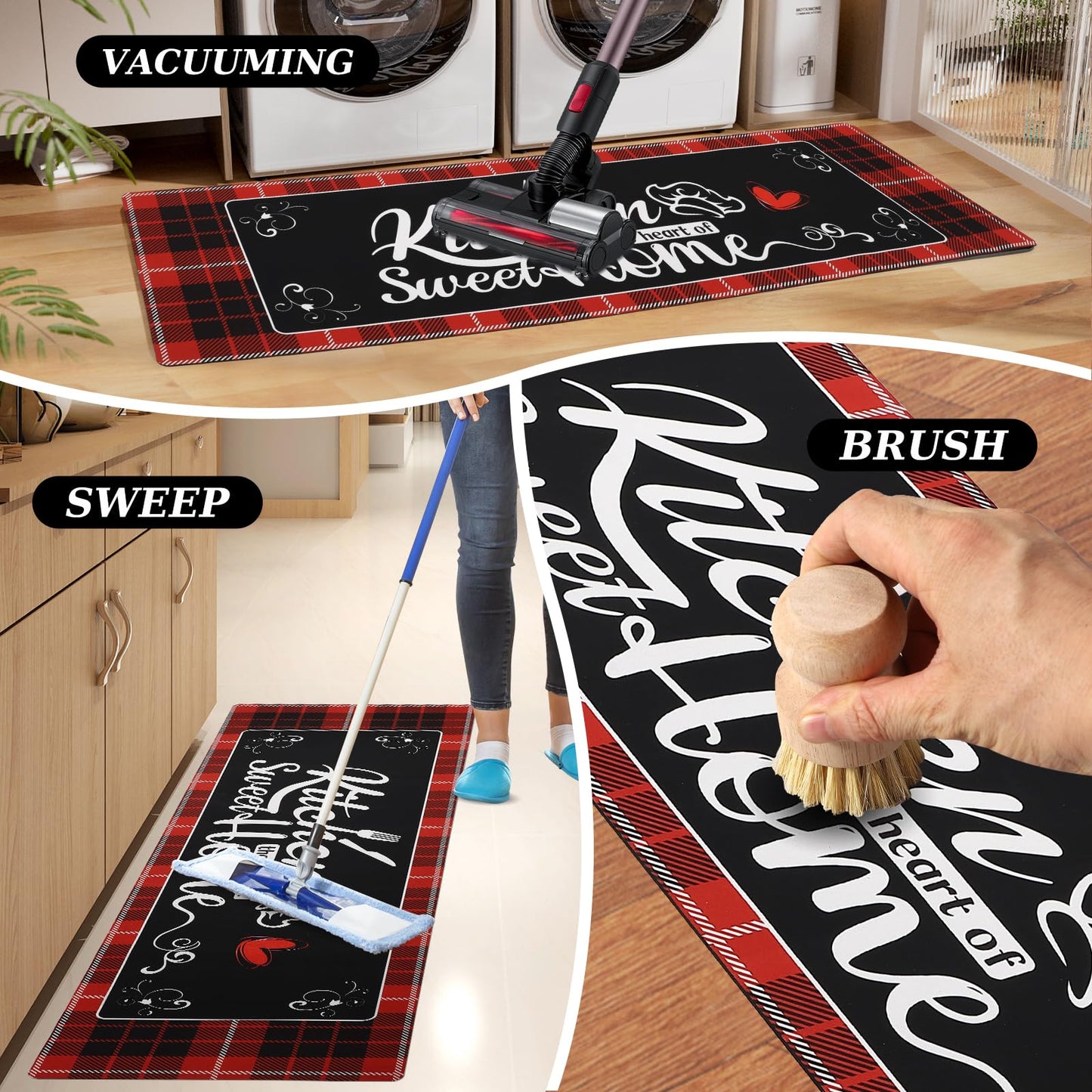 XLHOMO Kitchen Runner Rugs of 3, Red Non Slip Cushioned Kitchen Mat for Floor Waterproof Comfort Mats Farmhouse Chef Mats Floor Carpet