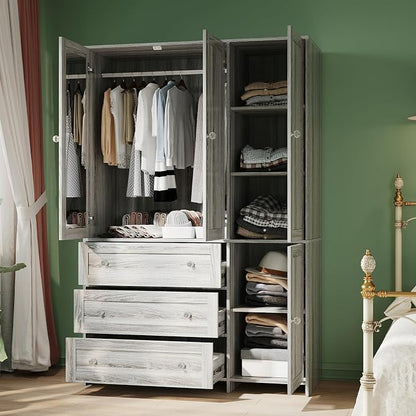 VOWNER Armoire Wardrobe Closet with Drawers and Mirror, 71" Clothing Storage Cabinet with Hanging Rod, 4 Doors Wooden Wardrobe Cabinet for Bedroom, Large Capacity Storage (1, Gray Oak)