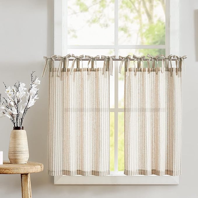 jinchan Tie Top Linen Kitchen Curtains 24 Inch Length Striped Tier Curtains Ticking Stripe Small Drapes for Living Room Bathroom Cafe Small Window Farmhouse Rustic Rod Pocket 2 Panels Tan