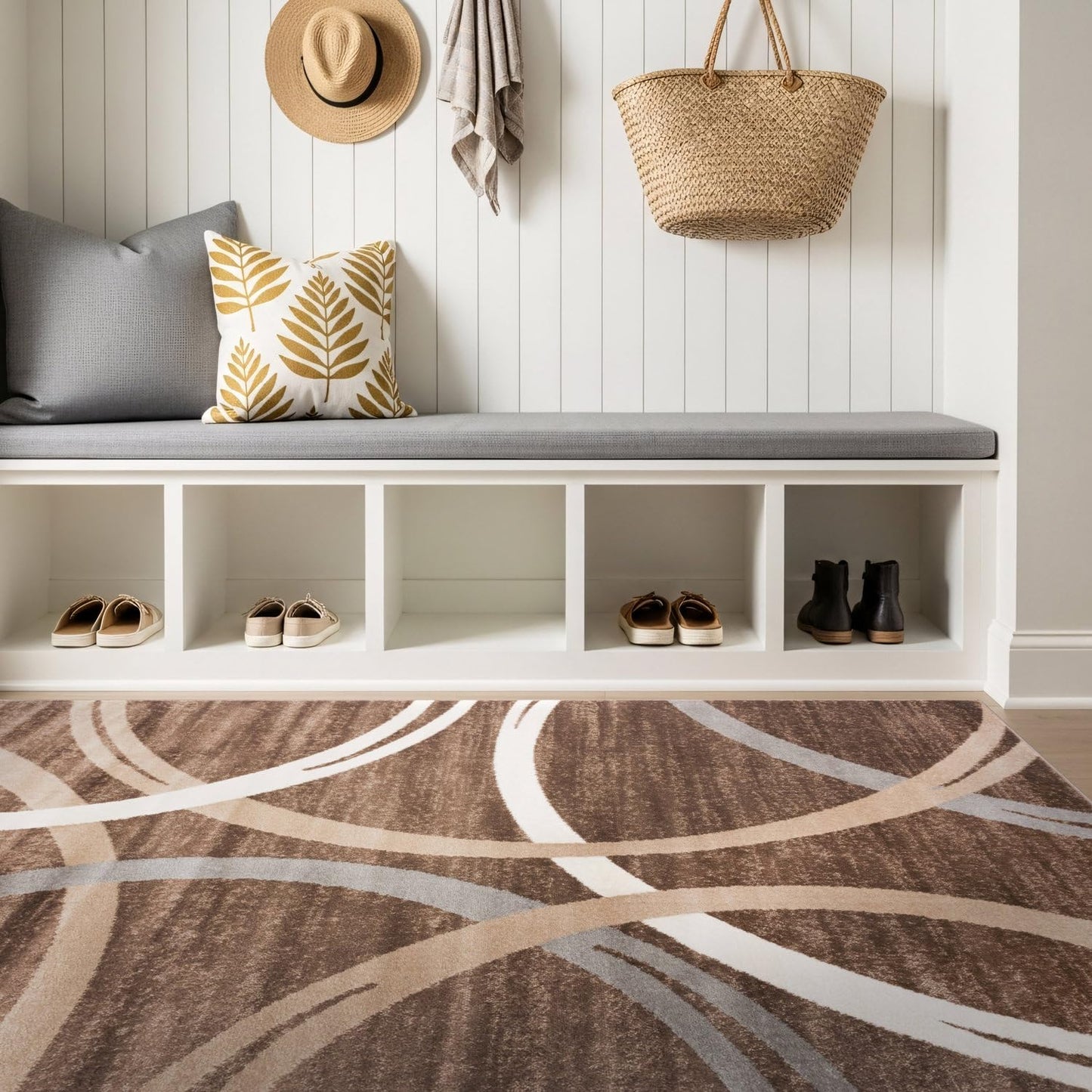 Rugshop Modern Wavy Circles Design Area Rug, Carpet with Jute Backing for Bedroom, Office, or Entryway, Brown, 4' x 6'